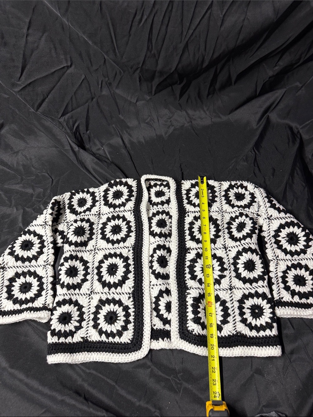 Handmade Black & White Crochet Boxy Cardigan Sweater 21 in long 24 inches wide